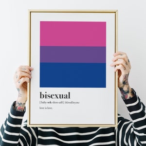 Puede incluir: Una impresión enmarcada con una bandera del orgullo bisexual y la palabra "bisexual" definida debajo. La definición dice: "[bahy-sek-shoo-uhl] böredönyms love is love."
