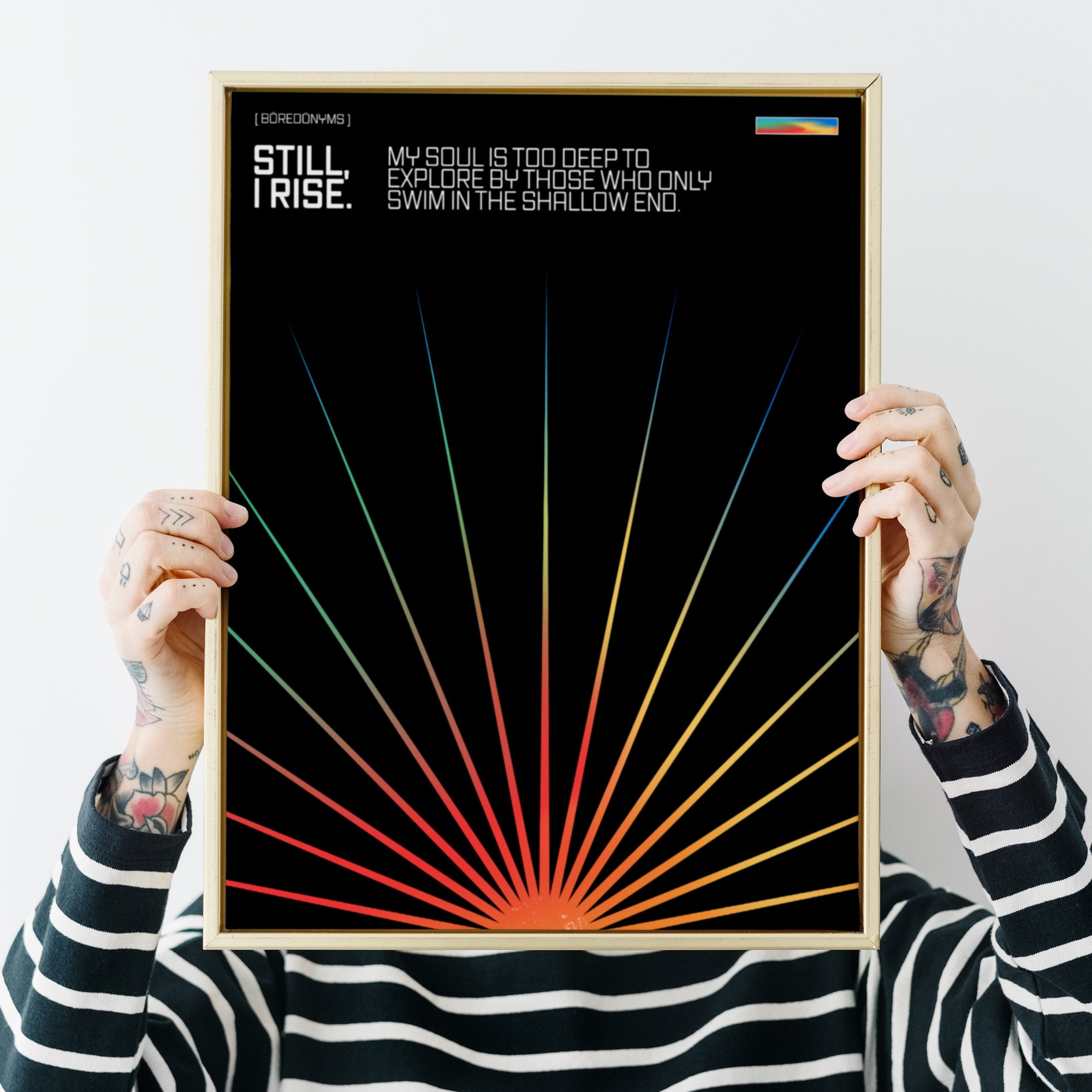 Still i rise - Maya Angelou, subtle LGBTQ wall art, Queer Pride, abstract sunset, sunburst, rainbow sun, wlw, femme print, midcentury modern