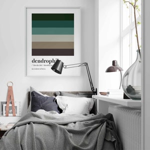 Pu&ograve; includere: Una stampa incorniciata con una tavolozza di colori verde, blu, marrone e beige. La stampa presenta la parola "dendrophile" e la sua definizione: "dendr/o/phil/ un amante degli alberi".