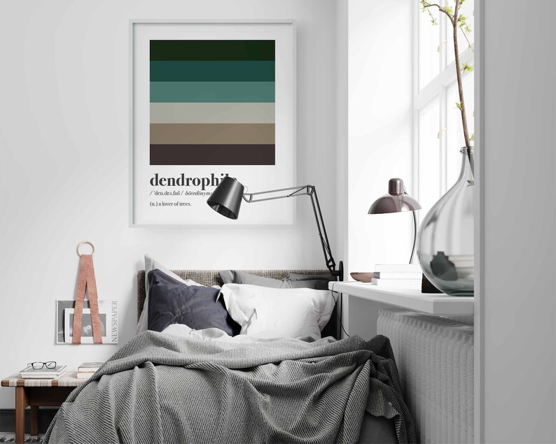 Pu&ograve; includere: Una stampa incorniciata con una tavolozza di colori verde, blu, marrone e beige. La stampa presenta la parola "dendrophile" e la sua definizione: "dendr/o/phil/ un amante degli alberi".