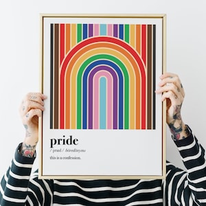 May include: A framed print with a rainbow design and the word "pride" defined as "/praud/  boredom synonyms this is a confession."