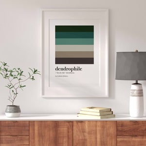 Pu&ograve; includere: Una stampa incorniciata con una definizione della parola "dendrofilo" e un design a blocchi di colore in tonalit&agrave; di verde, marrone e beige.