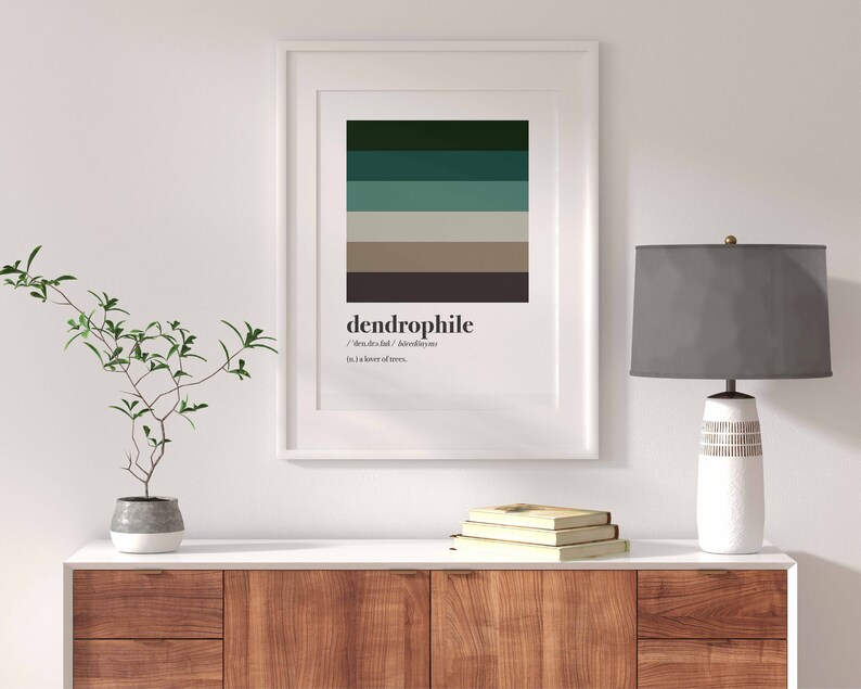 Pu&ograve; includere: Una stampa incorniciata con una definizione della parola "dendrofilo" e un design a blocchi di colore in tonalit&agrave; di verde, marrone e beige.