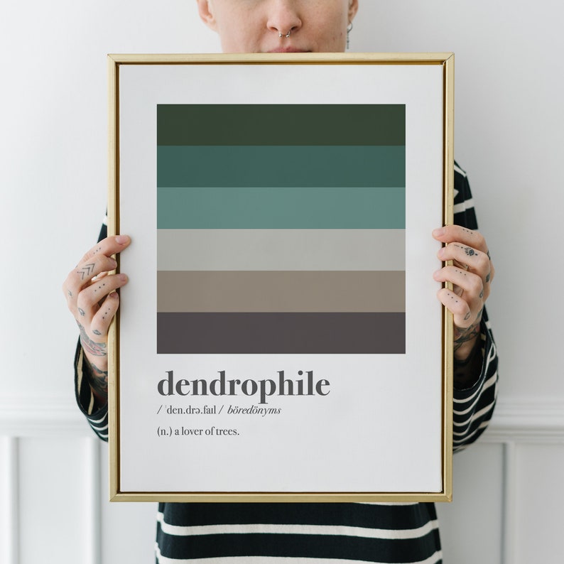 Pu&ograve; includere: Una stampa incorniciata in oro con una definizione della parola "dendrofilo". La stampa presenta un design astratto colorato di strisce orizzontali in tonalit&agrave; di verde, marrone e grigio.