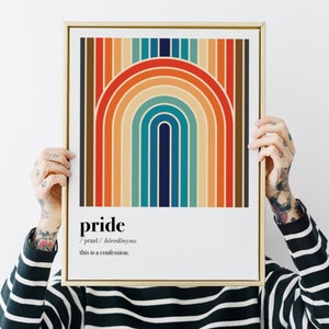 Puede incluir: Una impresión enmarcada con un diseño de arcoíris en tonos de rojo, naranja, amarillo, verde, azul y marrón. La impresión incluye la palabra "orgullo" y la definición: "/praɪd/  boreddonyms this is a confession."