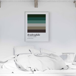 Pu&ograve; includere: Una stampa incorniciata bianca con un design a strisce verde, blu e marrone. La stampa contiene la parola "dendrophile" e la sua definizione: "colui che ama / &egrave; appassionato di alberi".