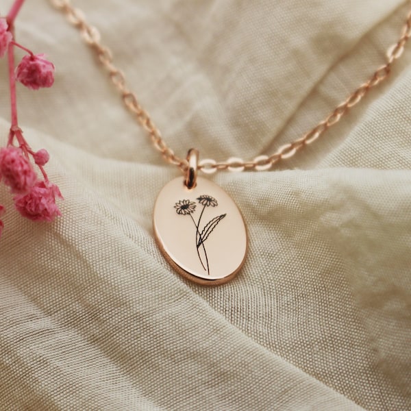 Collier fleur de naissance gravé, collier floral personnalisé, pendentif disque floral ovale, collier fleur minimaliste