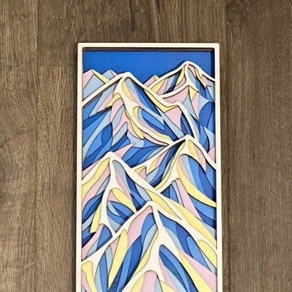 Mountain Range - Laser-cut Wood Art | Handcrafted | Blue Sky | Peaceful Scenic Mountain |  Unique Mountain Art| Mountain Wood Art