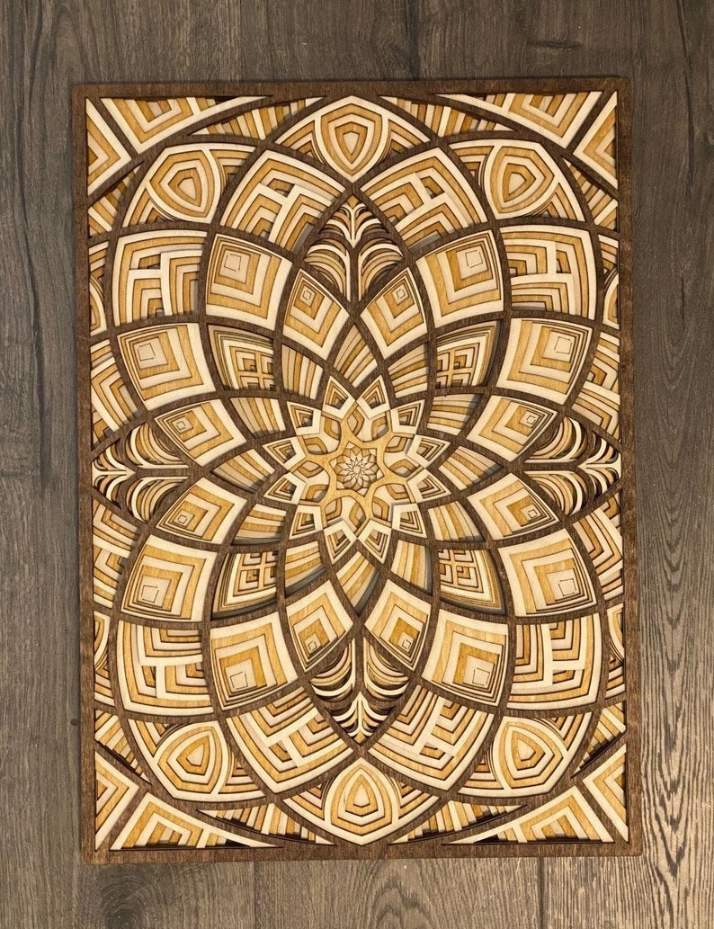 Bloom Laser-cut Wood Art Handcrafted Art Uncommon Art 3D Art Unique Art All Natural Art Rare Art Mandala Multilayered image 2