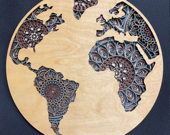 Globe - Laser-cut Wood Art | Handcrafted Art | Uncommon Art | 3D Art |  Unique Art|  Rare Art| Mandala | Multilayered