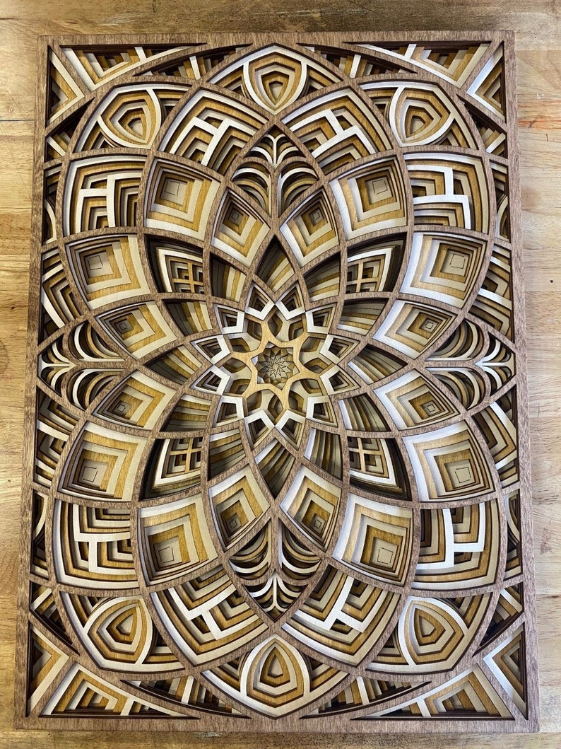 Bloom Laser-cut Wood Art Handcrafted Art Uncommon Art 3D Art Unique Art All Natural Art Rare Art Mandala Multilayered image 9