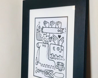 Framed Pop Art Print: Modern Abstract Doodles, Black Wood Frame