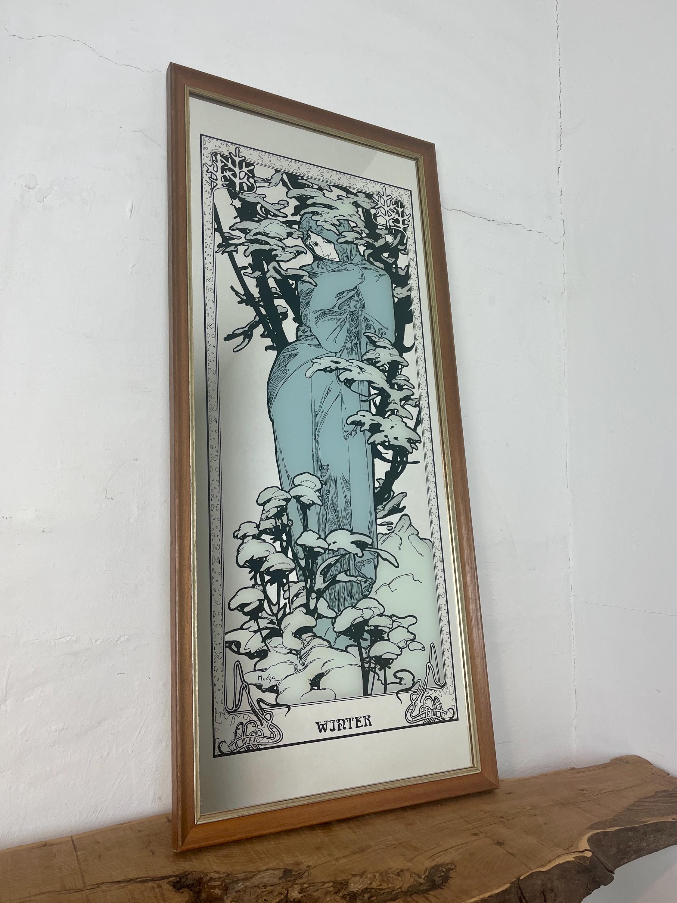 Vintage Mucha Winter Art Nouveau Mirror, Four Seasons, Art Nouveau