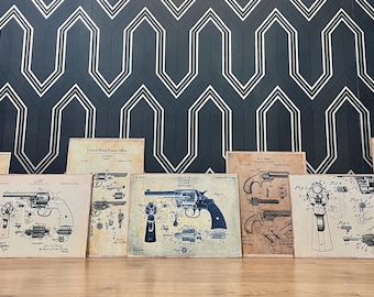 Imagen artística de pistola y escopeta de estilo americano vintage, carteles publicitarios, diseños de Colt, interiores de bares y restaurantes