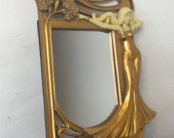 Beautiful vintage art nouveau makeup mirror, picture frame, table top, golden and cream, elegant lady, easel, stand, collectibles piece