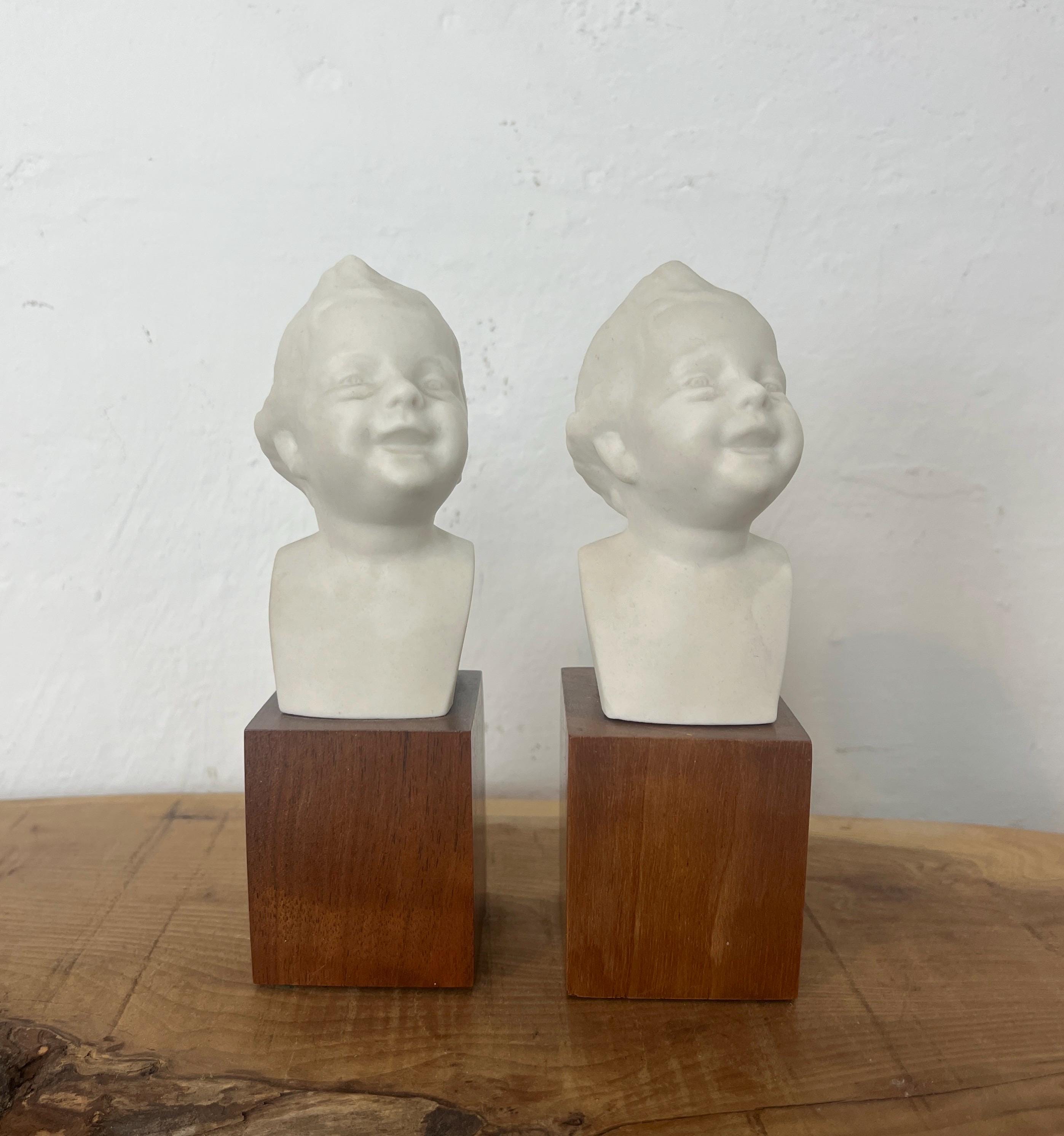 Bookends Porcelain Bust Of A Child On Wooden Plinth - M L Torrey, Art Sculpture, Home Statue, American Sculptor, Book Lover Gift