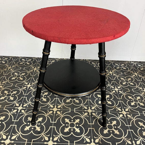 Antique Ebonised Faux Bamboo Side Table: Red Baize Top, Gold Detail