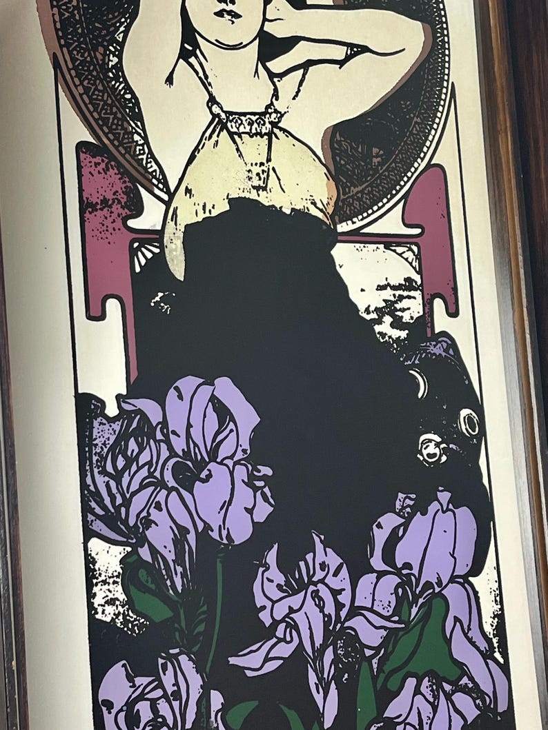Amethyst is a famous Art Nouveau lithograph created by the Czech artist Alphonse Mucha in 1900. It is one of four works in his acclaimed "The Precious Stones" series, where each panel features a woman personifying a specific gemstone.