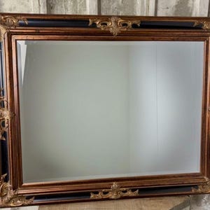 May include: A rectangular wall mirror featuring a wide, ornate frame with a combination of metallic bronze-toned edges and smooth black inner panels. The frame is decorated with intricate, raised scrollwork and floral-inspired carvings.