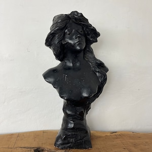 Victorian antique art nouveau bust, French sculpture, artist Goyeau, authentic figure, 19th-century ornament, interior design, period home