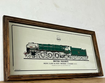 Vintage British Railway advertising mirror, Britannia, Pacific class, train collectable, wall picture, transport, steam locomotive