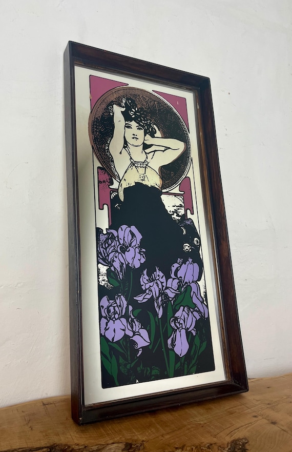 Vintage Art Nouveau Mirror, Alphonse Mucha - Amethyst, Precious Stones Picture Series