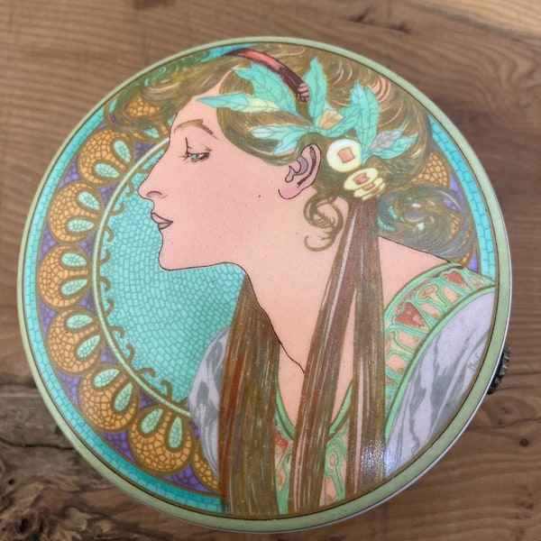 Belle Mucha vintage - laurier, boîte à bijoux, art nouveau, design d'intérieur, accessoires, artiste, lithographie, ornements, pièce de collection