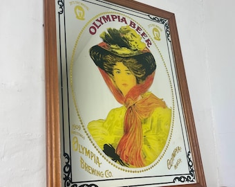 Espejo antiguo de cerveza Olympia, cervecería estadounidense, letrero publicitario, marco de pino.