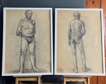 Vintage original pencil drawing, art work, front back portrait, older man, illustration, decoration, artist, mid century art, retro art