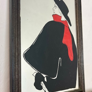 Stunning vintage wall art mirror featuring the famous cabaret star now in a gallery at San Diego Museum of Art, with vivid tones with wide brimmed hat and scarf creating a classic Lautrec art nouveau design.