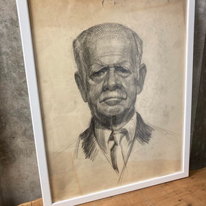 Vintage Framed Pencil Drawing: Older Man Portrait, 1960s Art
