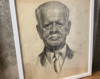 Vintage original pencil drawing, picture, older man with suit, portrait, illustration, decoration, artist, retro,interior, collectible piece