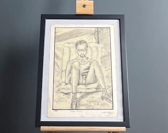 Stylish Man sunbathing, vintage 1970 pencil, Drawing, retro design, art work portrait, illustration, decoration, artist,collectible,interior