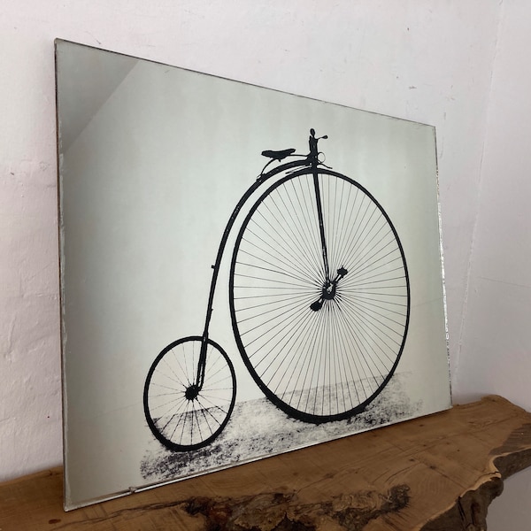 Vintage penny farthing frameless mirror, bike, cycling, retro advertising, stylish, collectibles, wall art piece, interior design,decorative