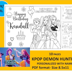 May include: A black and white coloring book page with the text "Happy Birthday Kendall" and illustrations of K-Pop singers, a cake, and balloons. The book is titled "KPOP DEMON HUNTERS" and is personalized with a name.