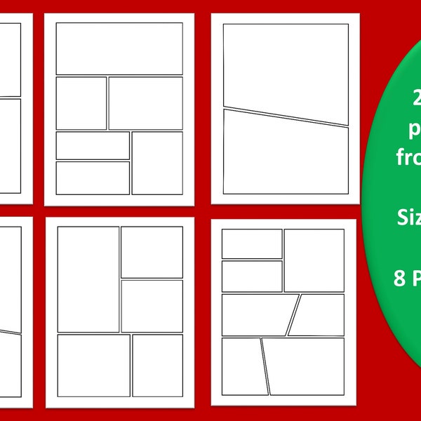 8.5 x 11" Blank Comic Book Layout Pages Printable- 20 different designs- from 2 boxes to 7 boxes- Blank comic KDP journal