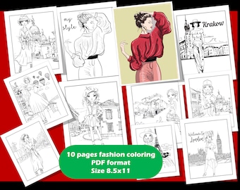 Fashion coloring page for girl at famous cities 10 pages PDF download, KDP Coloring pages