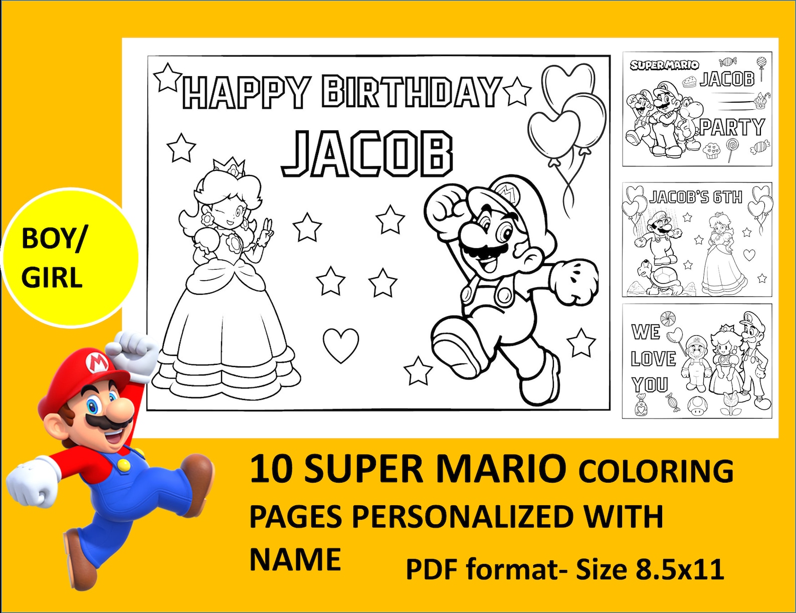 10 Printable Super Mario Coloring Page for Birthday Personalized With ...
