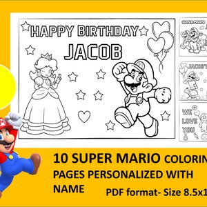 10 Printable Super Mario Coloring Page for birthday Personalized with name Active