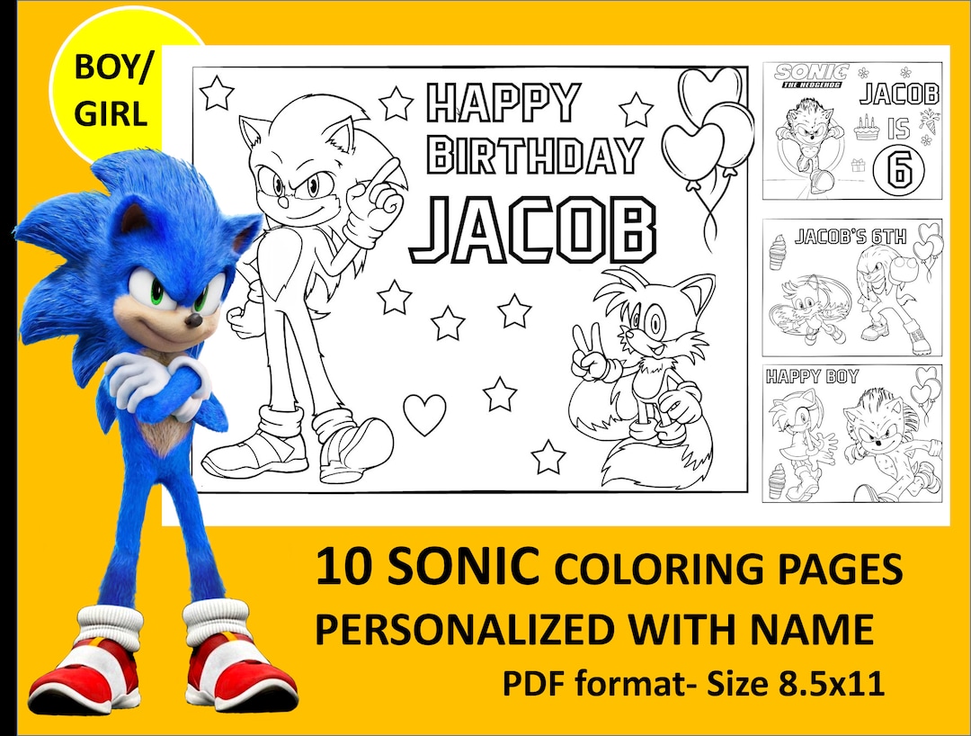 10 Printable Sonic Coloring Page for Birthday Personalized With Name ...
