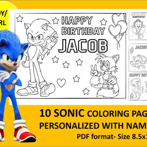 10 Printable Sonic Coloring Page for birthday Personalized with name PDF format