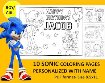 10 Printable Sonic Coloring Page for birthday Personalized with name PDF format