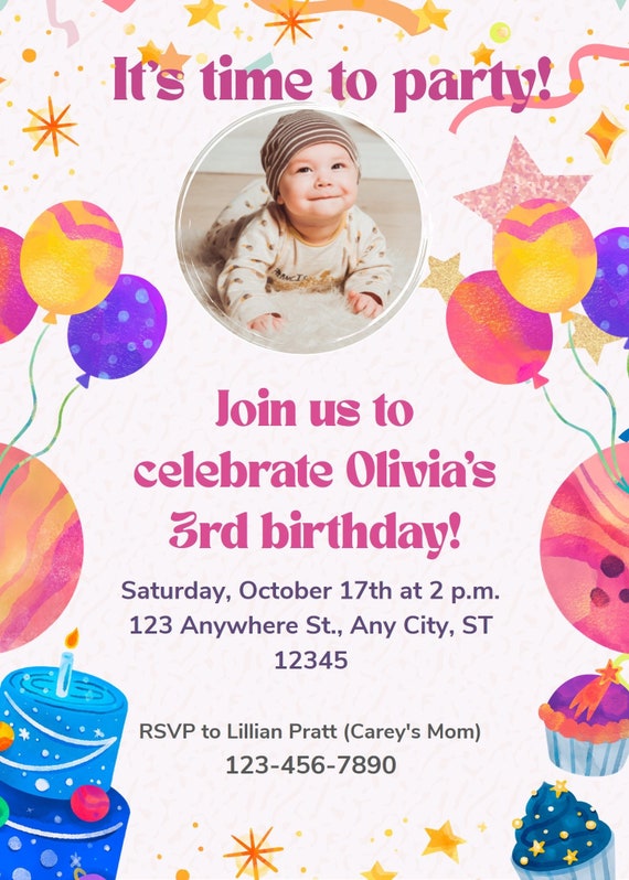 Birthday invitation card personalized with photo and name Active
