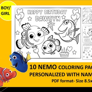10 druckbare Nemo Malseite zum Geburtstag personalisiert mit Namen PDF-Format