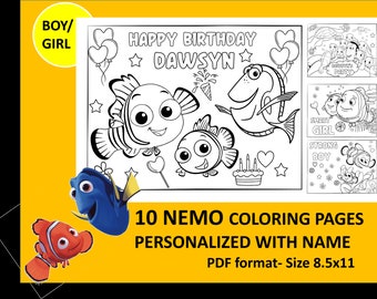 10 Printable Nemo Coloring Page for birthday Personalized with name PDF format