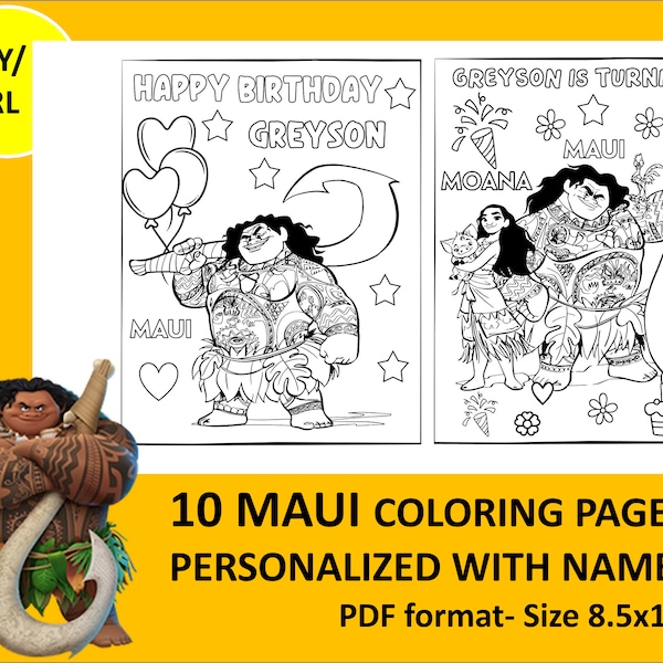 10 Maui Moana Coloring Activity Page for Birthday Personalized with name, Party favor, Kids Worksheet (Boy/Girl)