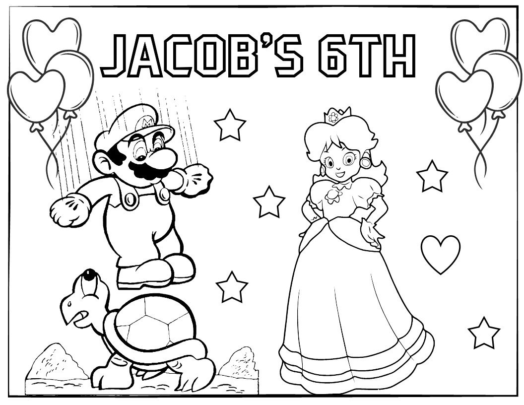 10 Printable Super Mario Coloring Page for Birthday Personalized With
