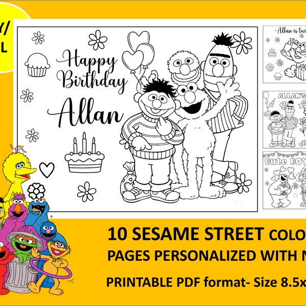 Get 10 personalized ELMO SESAME Street Birthday Coloring Sheets in PDF format for kids activities for birthday party