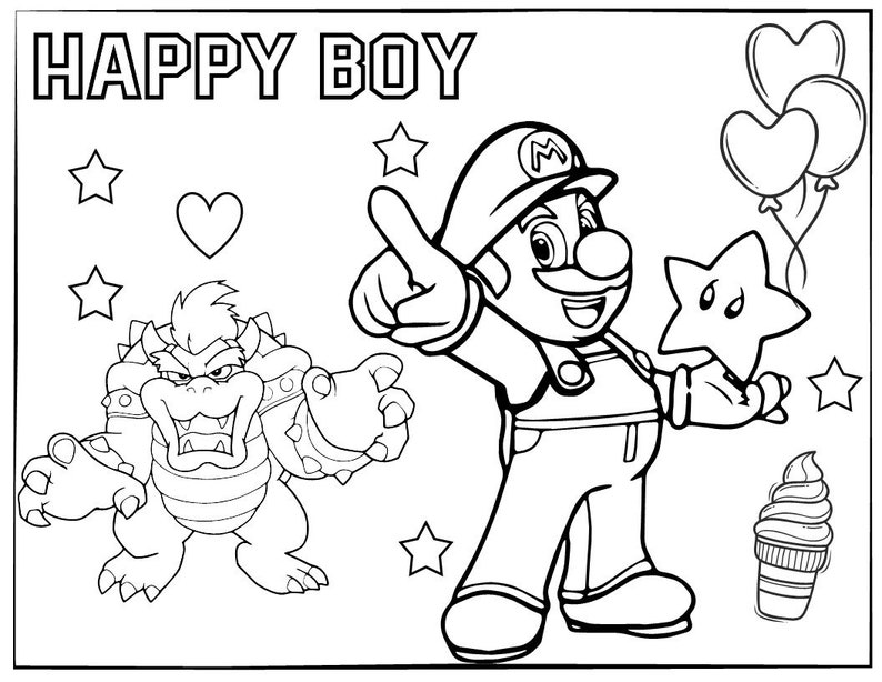 10 Printable Super Mario Coloring Page for Birthday Personalized With
