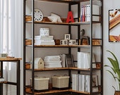 5 Tier Corner Bookcase Book Shelf Industrial Rustic Heavy Duty Book Shelf Storage Rack Metal Frame